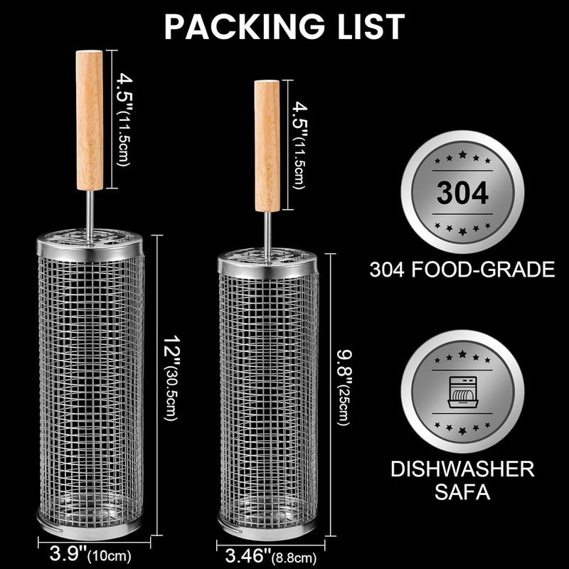 BCHWAY Nesting Grill Baskets (2 PCS), 304 Stainless Steel with Removable Wooden Handle, Rolling Grilling Net, BBQ Accessories Tools for Vegetables Shrimp, Outdoor Camping, Gifts for Men Dad and Husband - Image 2